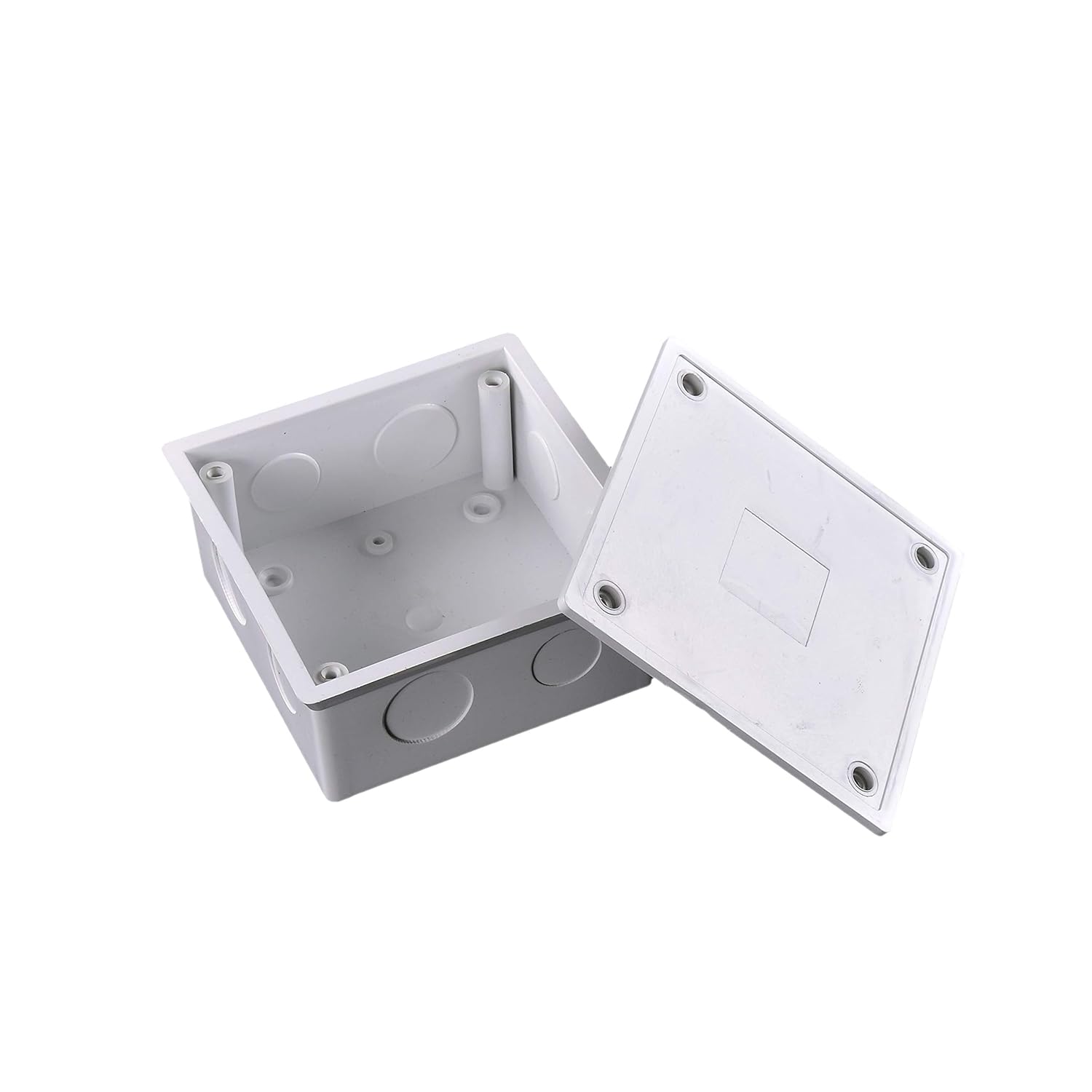 4" x 4" x 3" White PVC Junction Box – Heavy-Duty Plastic Electrical Conduit Box with Pre-Molded 1/2" & 3/4" Knockouts, Snap-Off Cover & Metal Lid Screws Included