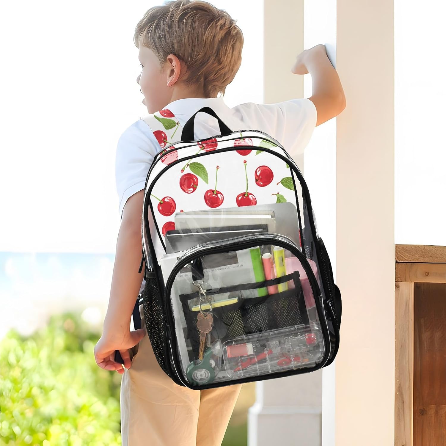 Fresh Cherry Fruit Clear Backpack Heavy Duty See Through Transparent PVC BookBag for Kids Boy Girl Adult School Work