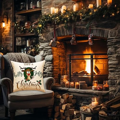Miniatura 4 de SEPZFTT Juego de 4 fundas de almohada de Navidad de 18 x 18 pulgadas, decoración navideña de granja, corona de renos, feliz Navidad, hola,