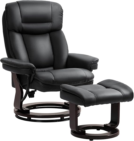 HOMCOM Swivel Recliner Chair with Ottoman, PU Leather Recliner with Adjustable Backrest, Footrest, Wood Base, Upholstered Reclining Chair for Living Room, Bedroom, Office, Black