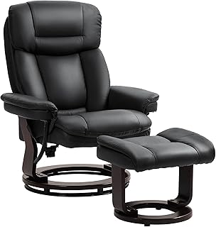 HOMCOM Swivel Recliner Chair with Ottoman, PU Leather Recliner with Adjustable Backrest, Footrest, Wood Base, Upholstered Reclining Chair for Living Room, Bedroom, Office, Black