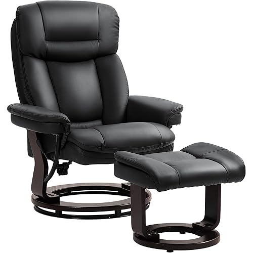 HOMCOM Swivel Recliner Chair with Ottoman, PU Leather Recliner with Adjustable Backrest, Footrest, Wood Base, Upholstered Reclining Chair for Living Room, Bedroom, Office, Black