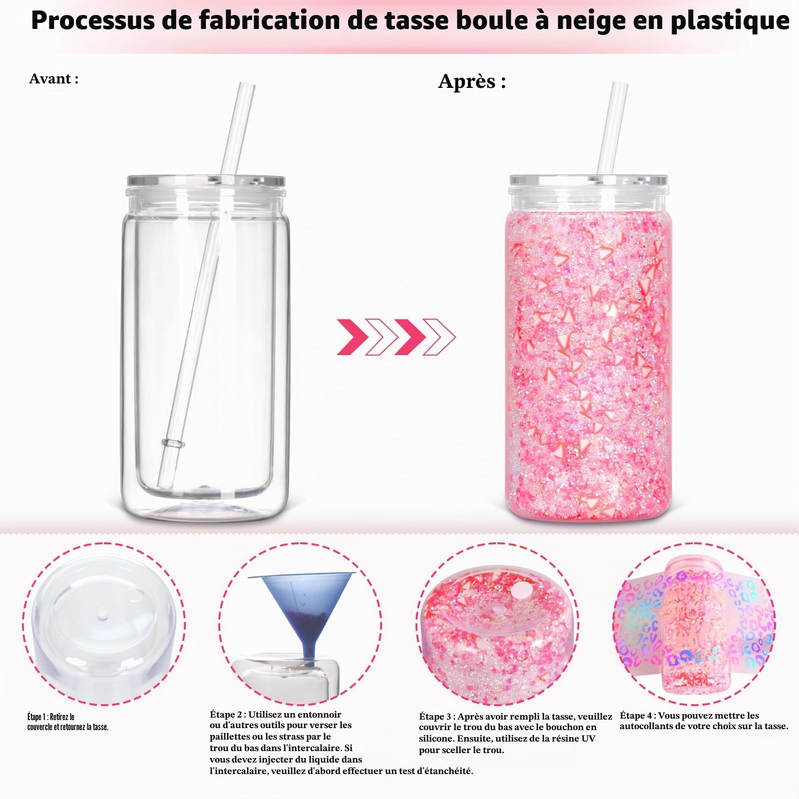 Lot de 12 gobelets en plastique à double paroi avec couvercle et paille - Boule à neige à paillettes - 473 ml - Transparent