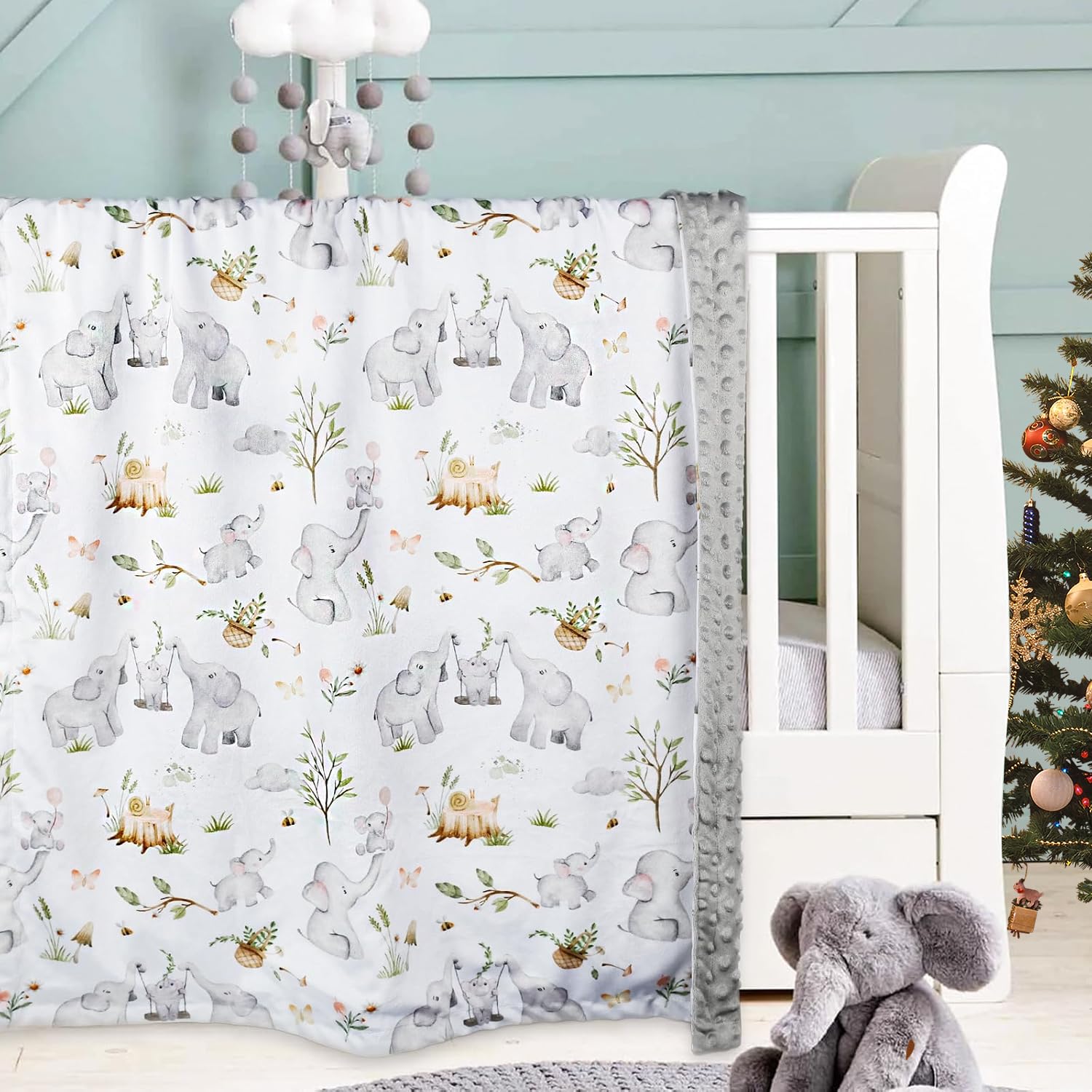 BOPRIO Baby Blankets for Unisex Boys Girls, Super Soft Nursery Minky Blankets with Baby Elephant Design and Dotted Fleece Backing, Printed Bed Throws Newborn