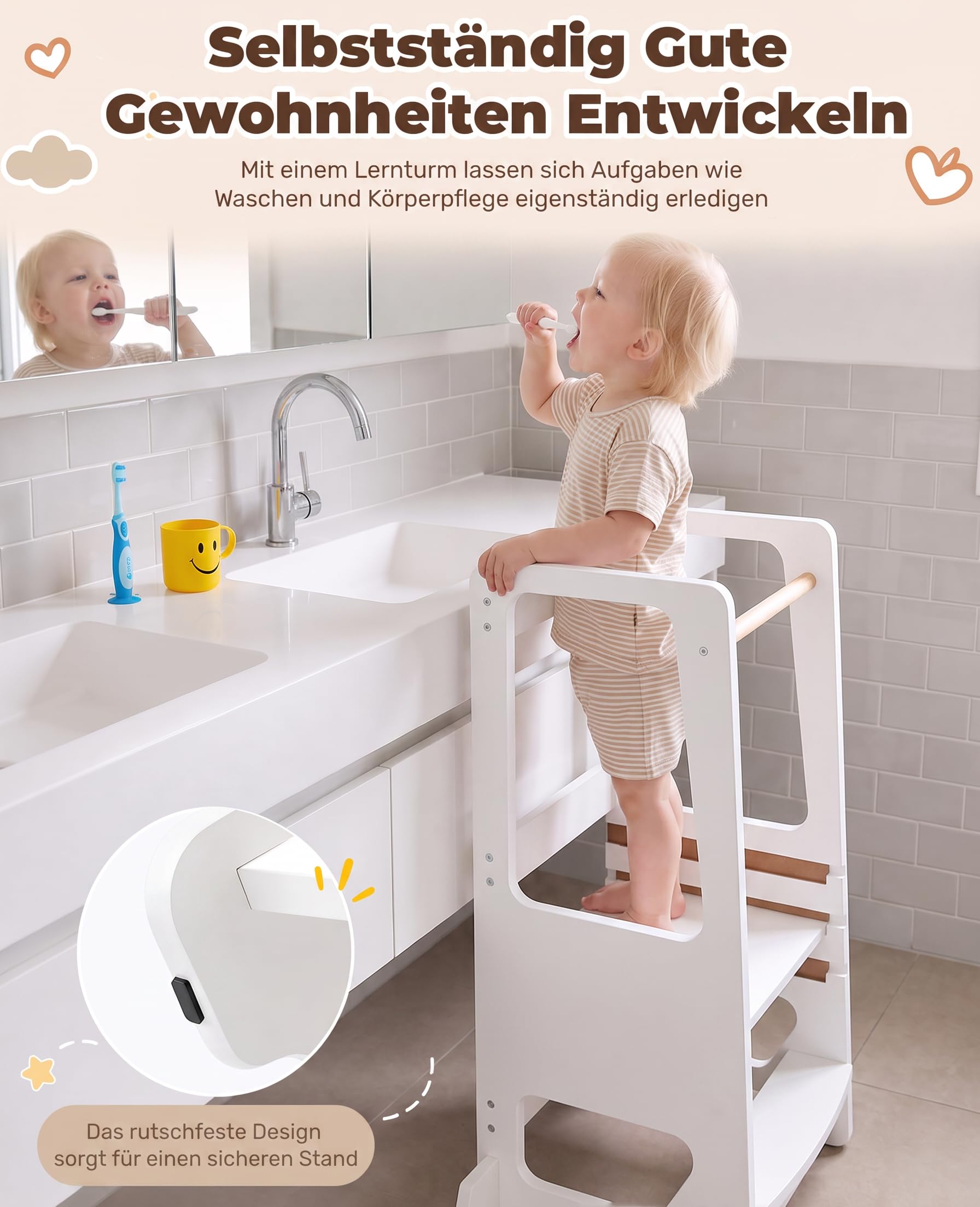 Lernturm ab 1 Jahr Höhenverstellbar, 3‑Fach höhenverstellbar Montessori Learning Tower, Massivholz Küchenhelfer mit Kippschutz, bis 50kg belastbar für Küche Bad Kinderzimmer (Weiß)