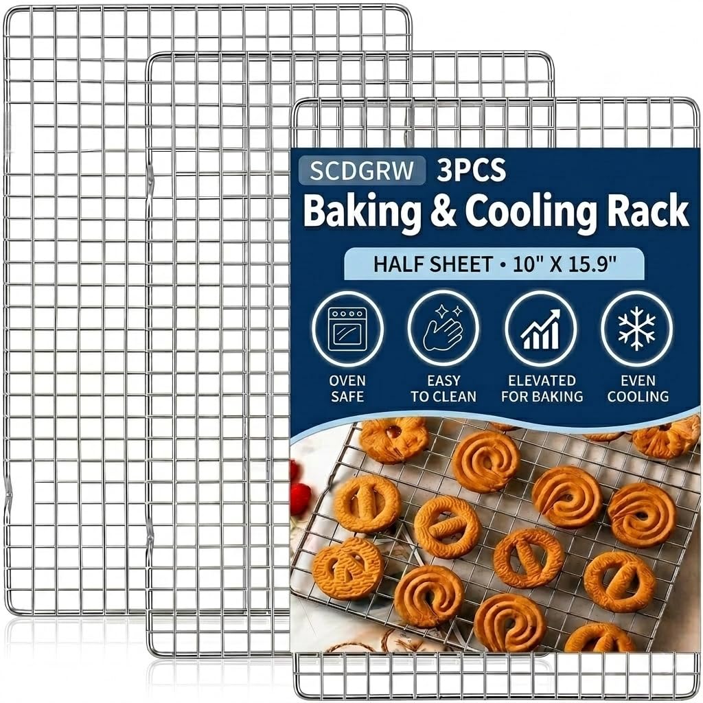 Griglia di raffreddamento per cucinare e cuocere in forno, confezione da 3, 25,4 x 40,6 cm, in acciaio inox, adatta al forno a 260 °C, resistente e resistente alle deformazioni, adatta per