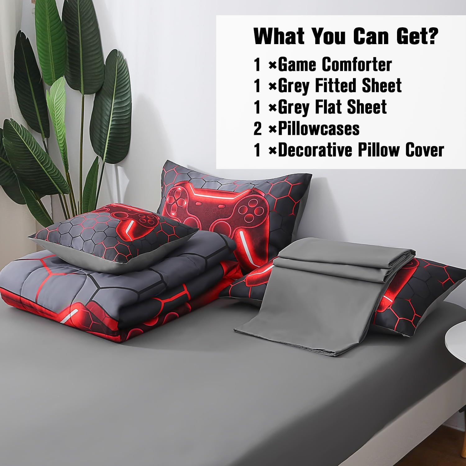 JQinHome Queen Gamer Comforter Set for Boys Girls Kids,6 Piece Bed in A Bag 3D Video Game Bedding -All Season Soft Microfiber Down Alternative Comforter Gamer Bedding Sets with Sheets (Red) - Image 6