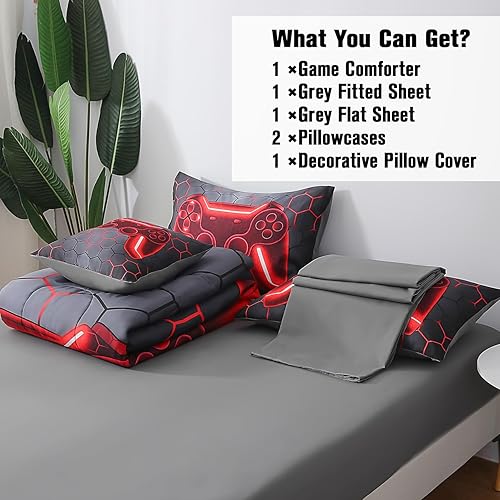 Miniatura 6 de JQinHome Juego de edredón de tamaño individual para niños y niñas, ropa de cama de 6 piezas en una bolsa, ropa de cama de videojuegos 3D, edredón de