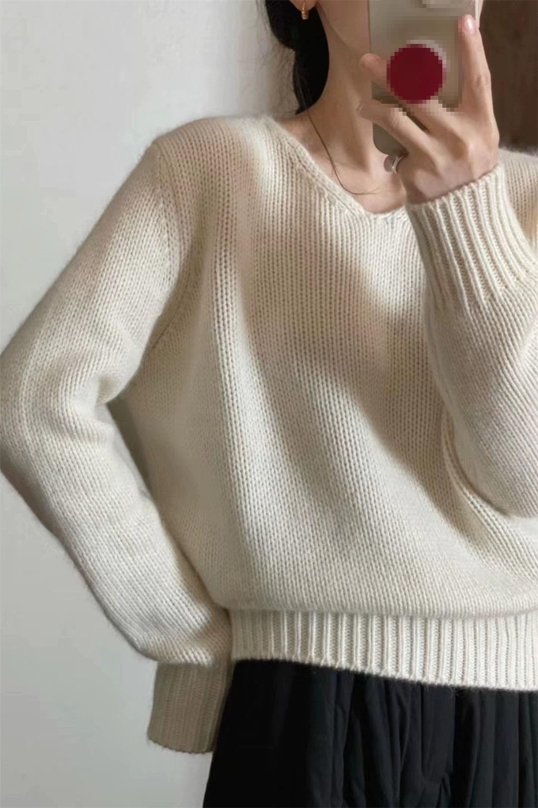Maglia da donna a maniche lunghe oversize girocollo in cashmere con fondo in maglia