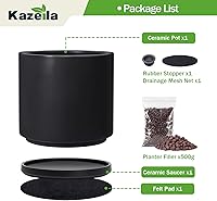 Vista 5 de Kazeila 10 Inch Ceramic Planter Pot with Drainage Hole & Tray, Large Indoor Plant Pots, Modern Cylinder Flower Pot, Includes Mesh Net, Plug, Pads &