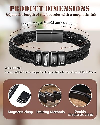 Miniatura 3 de Pulsera personalizada con nombre con 1-6 nombres, pulseras personalizadas de cuero trenzado grabado para hombres, regalos para Navidad, día de San