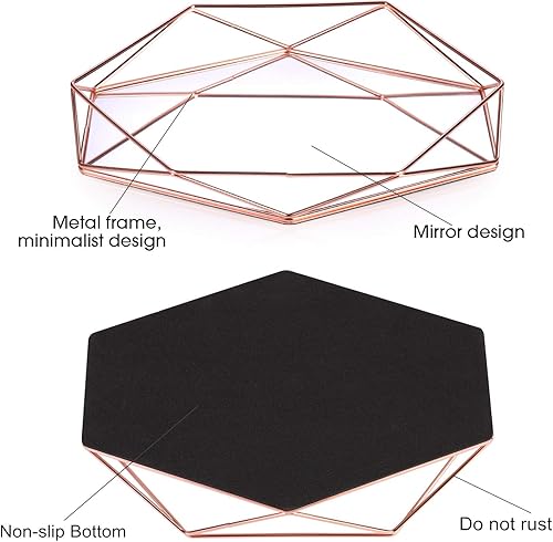 Miniatura 4 de Bandeja decorativa para espejo, organizador de maquillaje cosmético, bandeja decorativa hexagonal para escritorio, para joyas y perfumes (oro rosa)