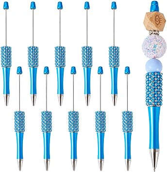 Beadthoven 10pcs Rhinestone Beadable Pens Plastic Bling Ballpoint Pens Crystal Bead Pen for DIY Personalized Shaft Black Ink Rollerball Pen Office School Supplies, Dodger Blue