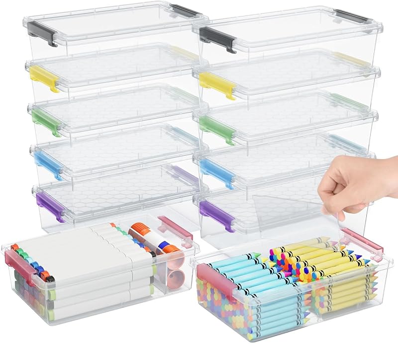 12 Pack Extra Large Pencil Box with Removable Divider, Thickened Pencil Case Bulk, Clear Crayon Marker Organizer Stackable Plastic Small Storage Containers for Pen Craft School Supplies, Multi