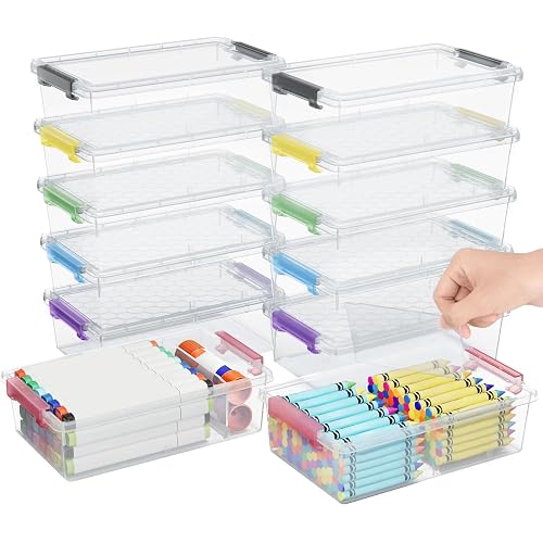 12 Pack Extra Large Pencil Box with Removable Divider, Thickened Pencil Case Bulk, Clear Crayon Marker Organizer Stackable Plastic Small Storage Containers for Pen Craft School Supplies, Multi