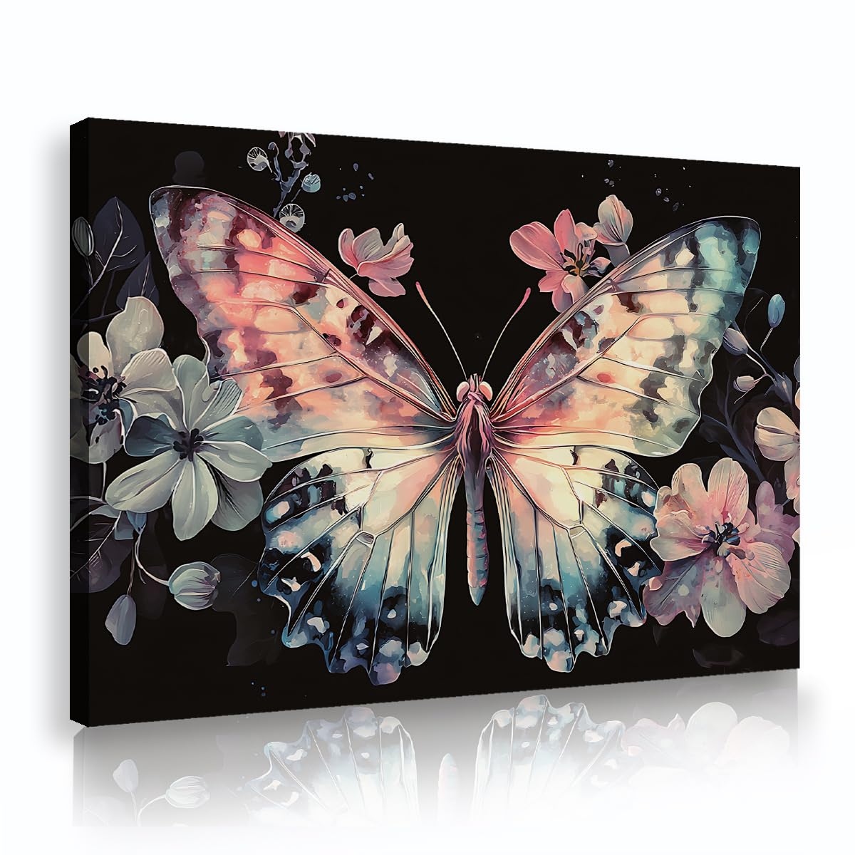 CHERHERART Dreamy Watercolor Butterfly Canvas Picture Wall Art Pink Blue Purple Gradient Wings Poster Floral Canvas Print for Bedroom Living Room 45x70cm Innerframe