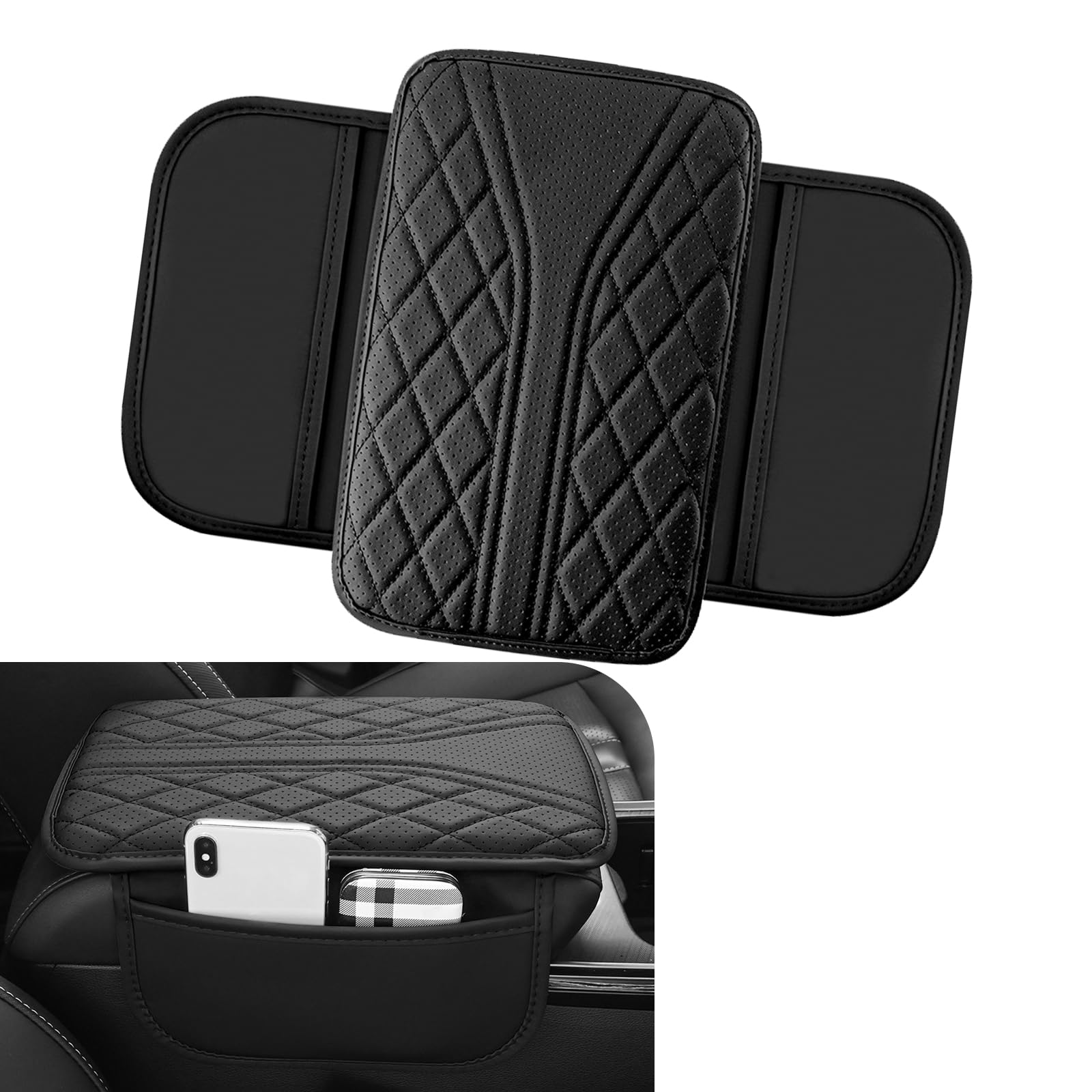 Car Center Console Cover Leather Auto Armrest Cover with 2 Storage Bags Universal Cars Armrest Cushion Vehicle Interior