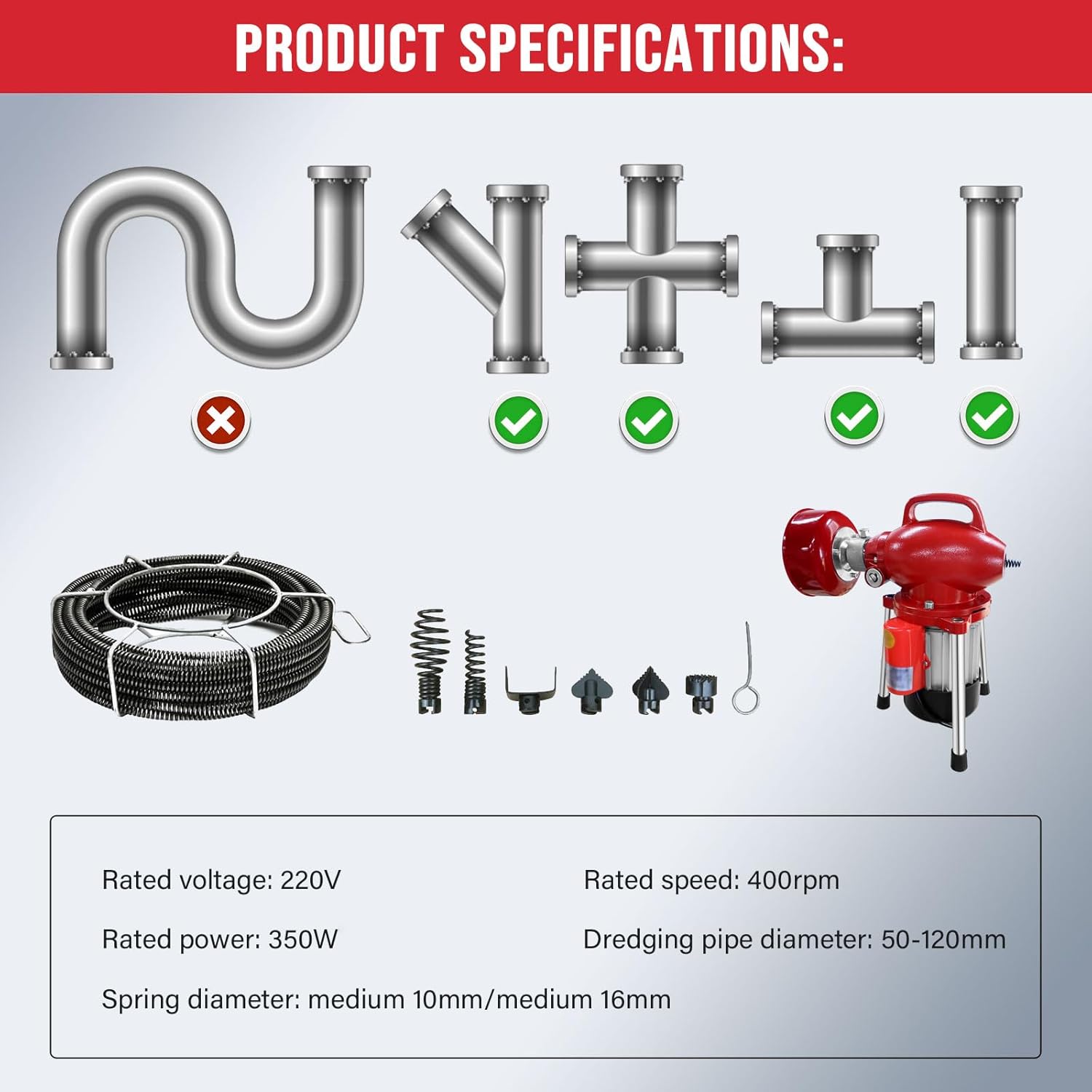 Drain Cleaner Machine 40FT, 350W 2 Cables, Electric Drain Auger for 3/4" to 4" Pipes, Electric Drain Auger with 6 Cutters for Toilet, Sewer, Bathroom, Sink and Shower