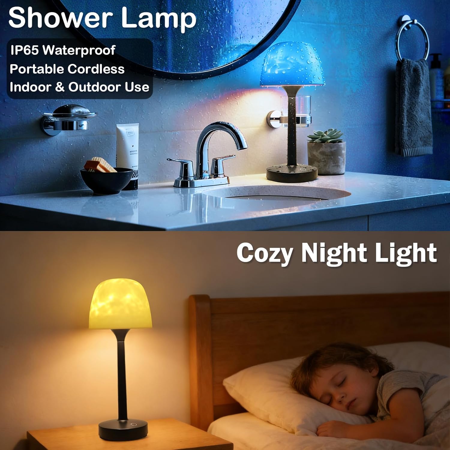 Cordless Shower Lamp,Bedside Lamp,Touch Ocean Wave Projector Light,3 Way Color Temperature,16 Color Changing Light,Dimmable,Rechargeable Aurora Night Lights for Bedroom Bathroom, Waterproof
