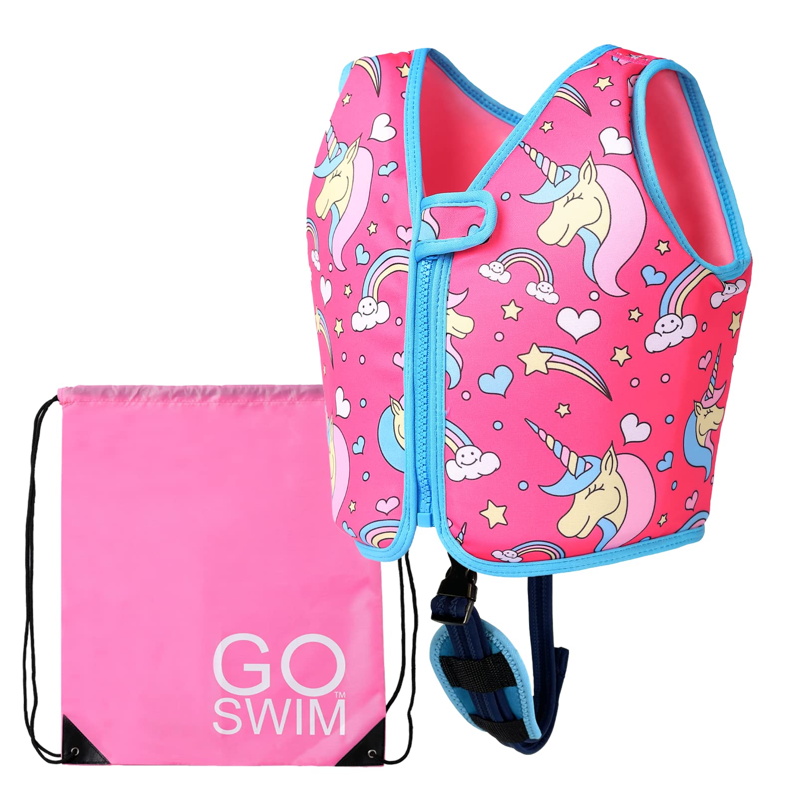 Go Swim Float Vest - *Includes Free Swim bag* Fixed Buoyancy Childrens Swim Jacket With Safety Strap.