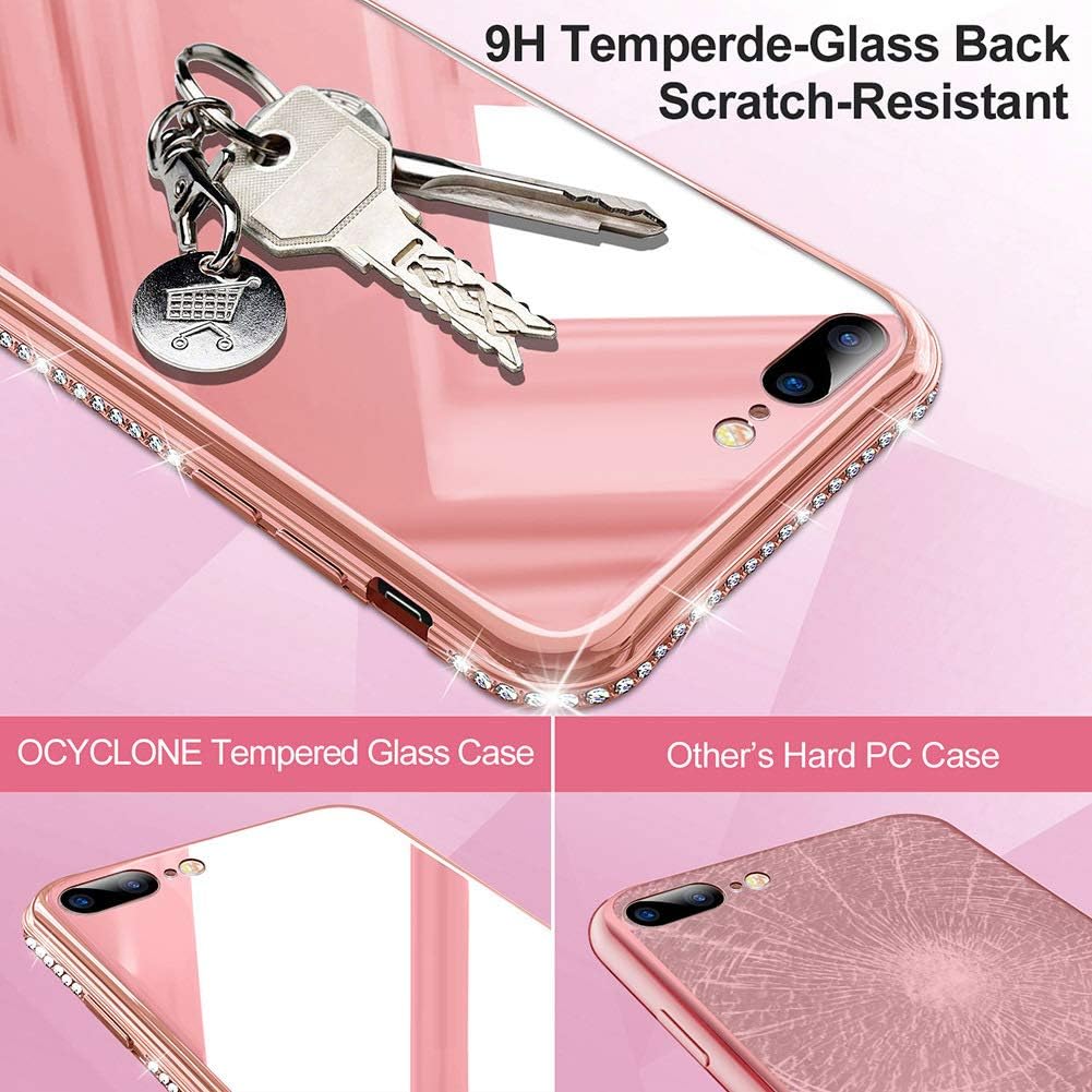 Cute OCYCLONE iPhone 8 Plus/ 7 Plus Case for Girl Women, [9H Tempered Glass Back] Bling Diamond Rhinestone Bumper, Cute Glitter Protective Glass Girly Case for iPhone 8 Plus/ 7 Plus - Pink