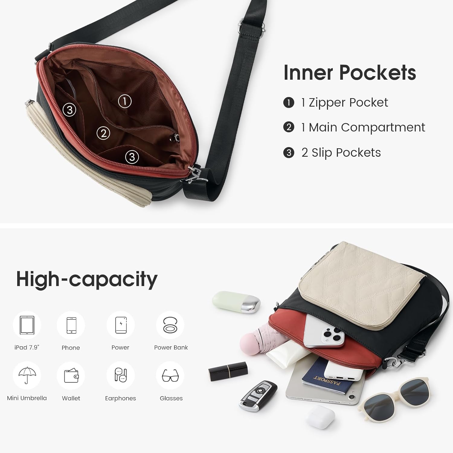 G4Free Anti-Theft Crossbody Bags for Women, Lightweight Nylon Shoulder Purse Medium Handbags for Travel Work-Black&Red - Image 6