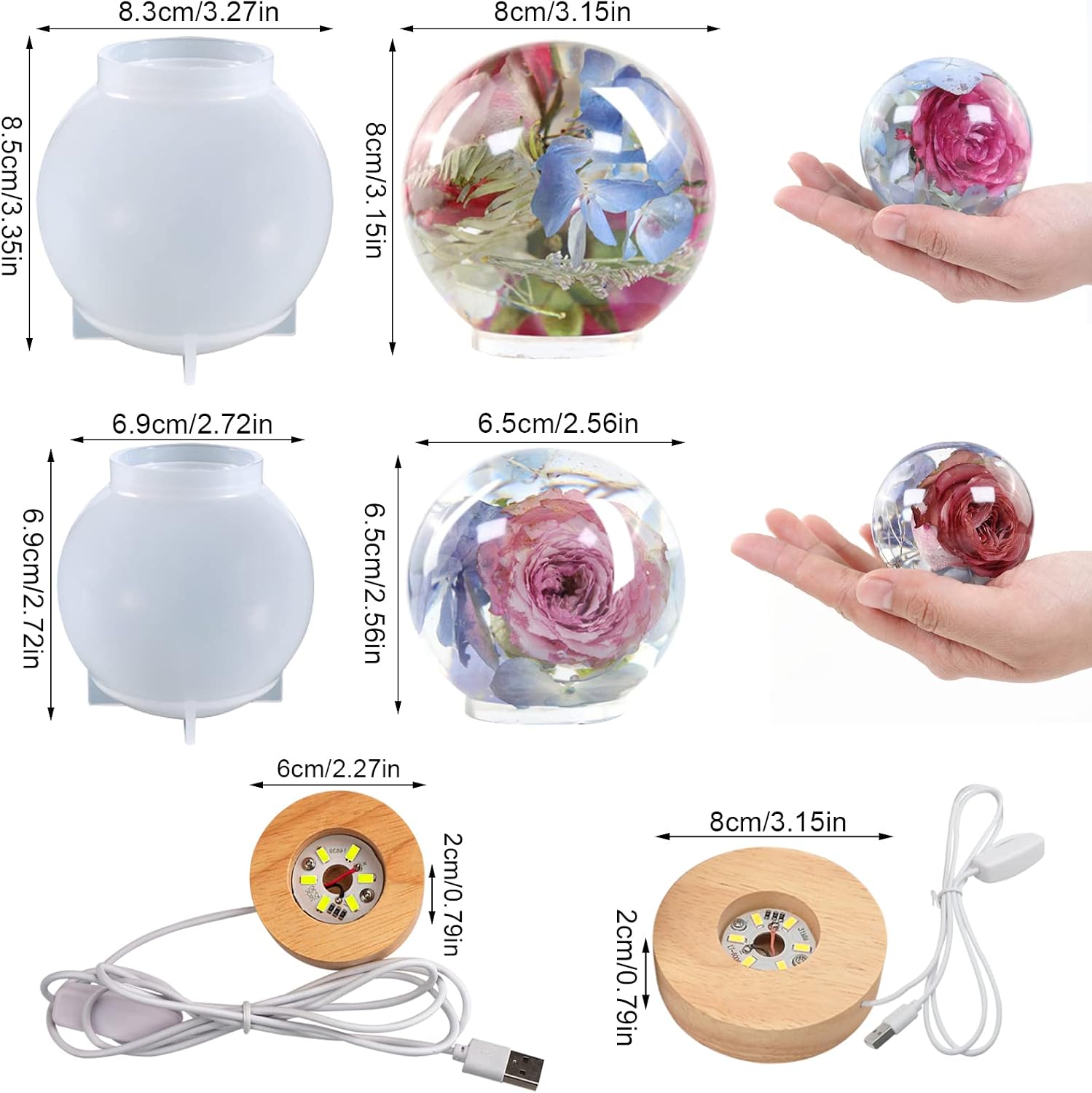 4PCS Large Sphere Light Resin Molds 3D Seamless LED Sphere Silicone Moulds for Resin with Wooden Lighted Base Round Ball Epoxy Resina Mold for Resin Art DIY Craft Home Decor