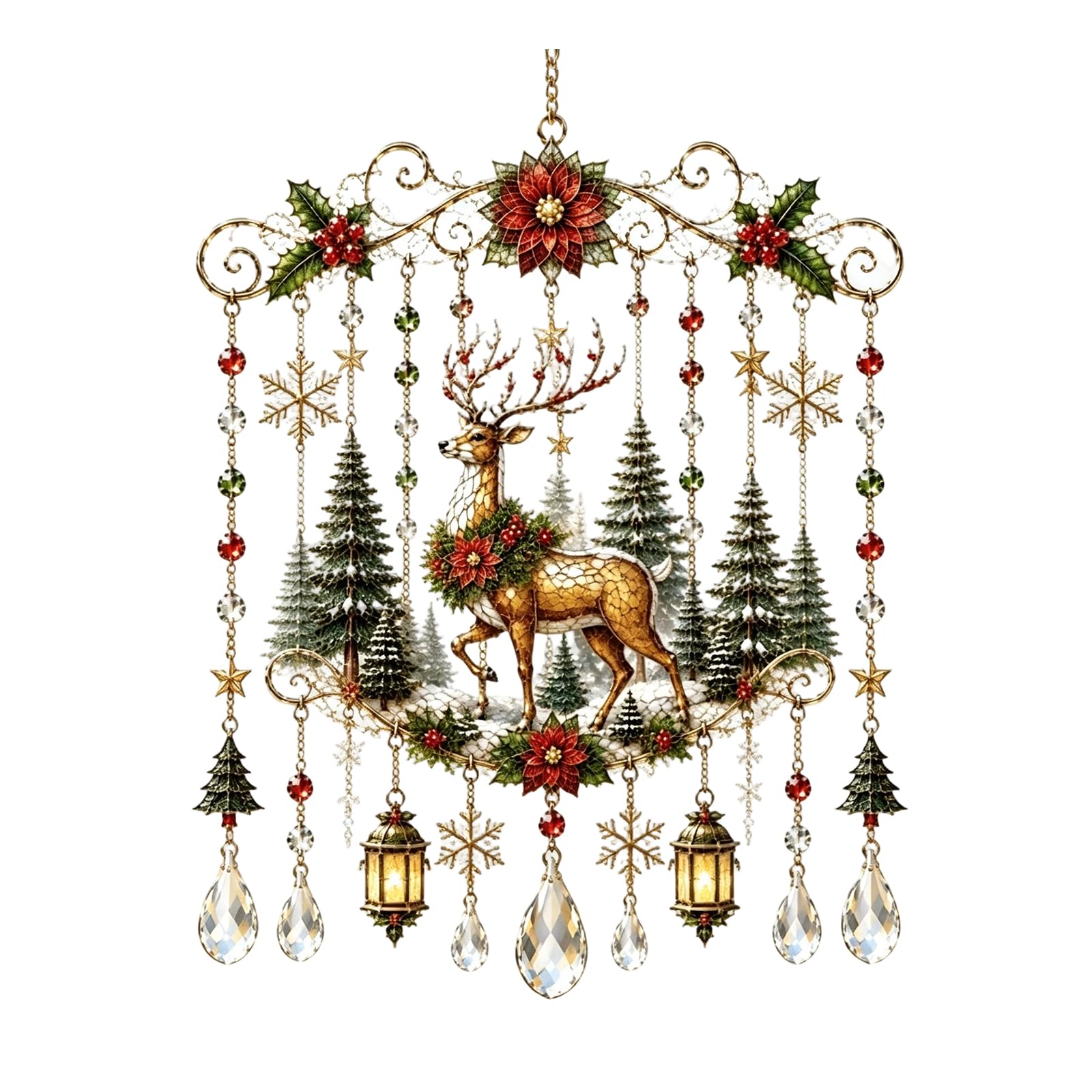 Handmade Christmas Window Hanging, 3D Sparkling Christmas Stained Glass Style Sun Catcher, Santa Reindeer Holiday Wind Chime with Crystal Drops, Festive Holiday Ornament Decor for Home Tree，#D