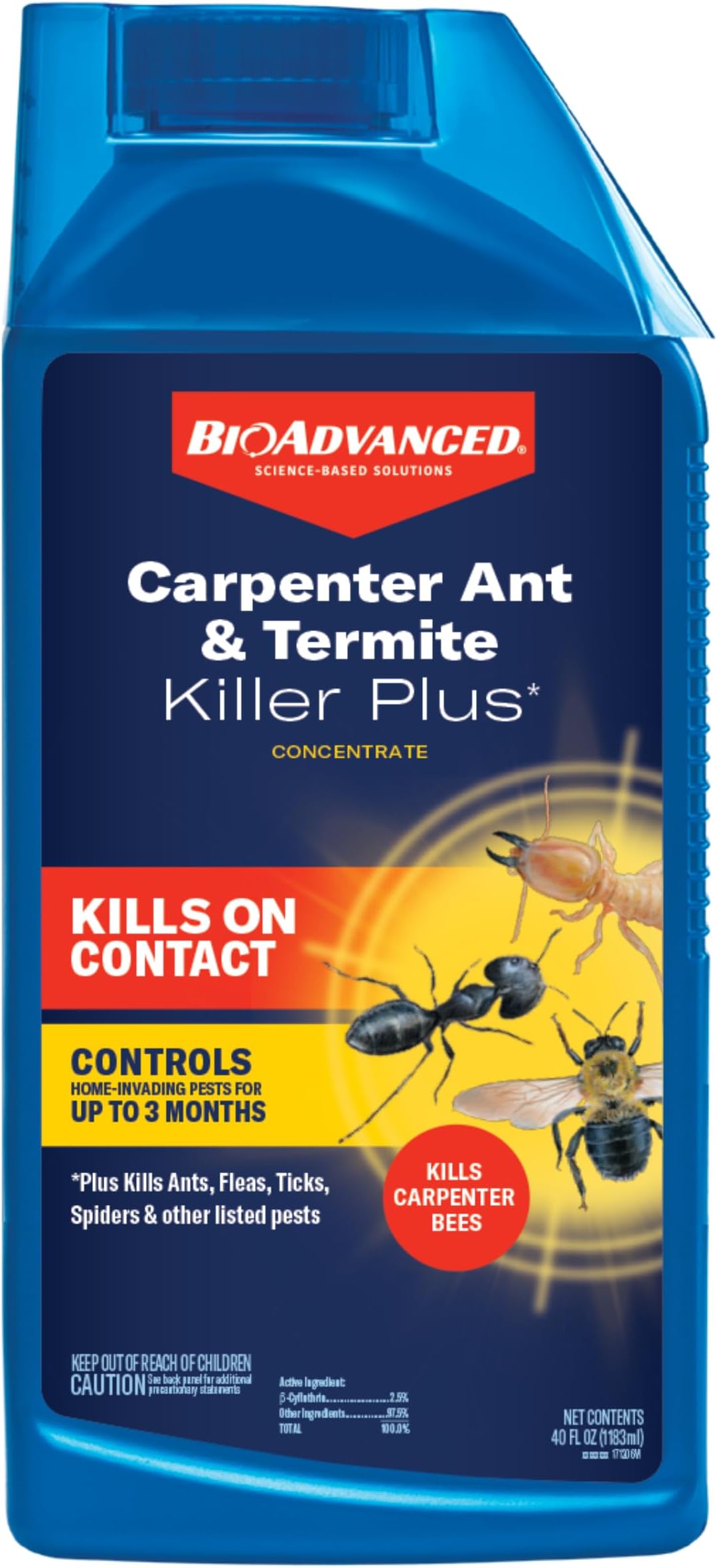 BioAdvanced Carpenter Ant & Termite Killer Plus Concentrate - Kills 75+ Listed Insects - Outdoor Insect Control - Up to 3 Months Protection - Covers Up to 21,000 Square Feet - 40 oz Bottle