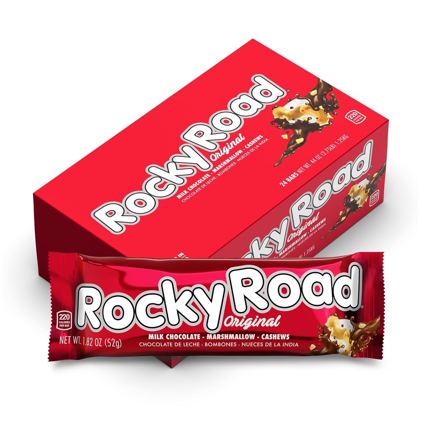 Rocky Road Original Candy Bars 1.8 oz Each Pack of 24 Chocolate and Cashew Nougat Bars Classic Old-Fashioned Sweet Snack Treats