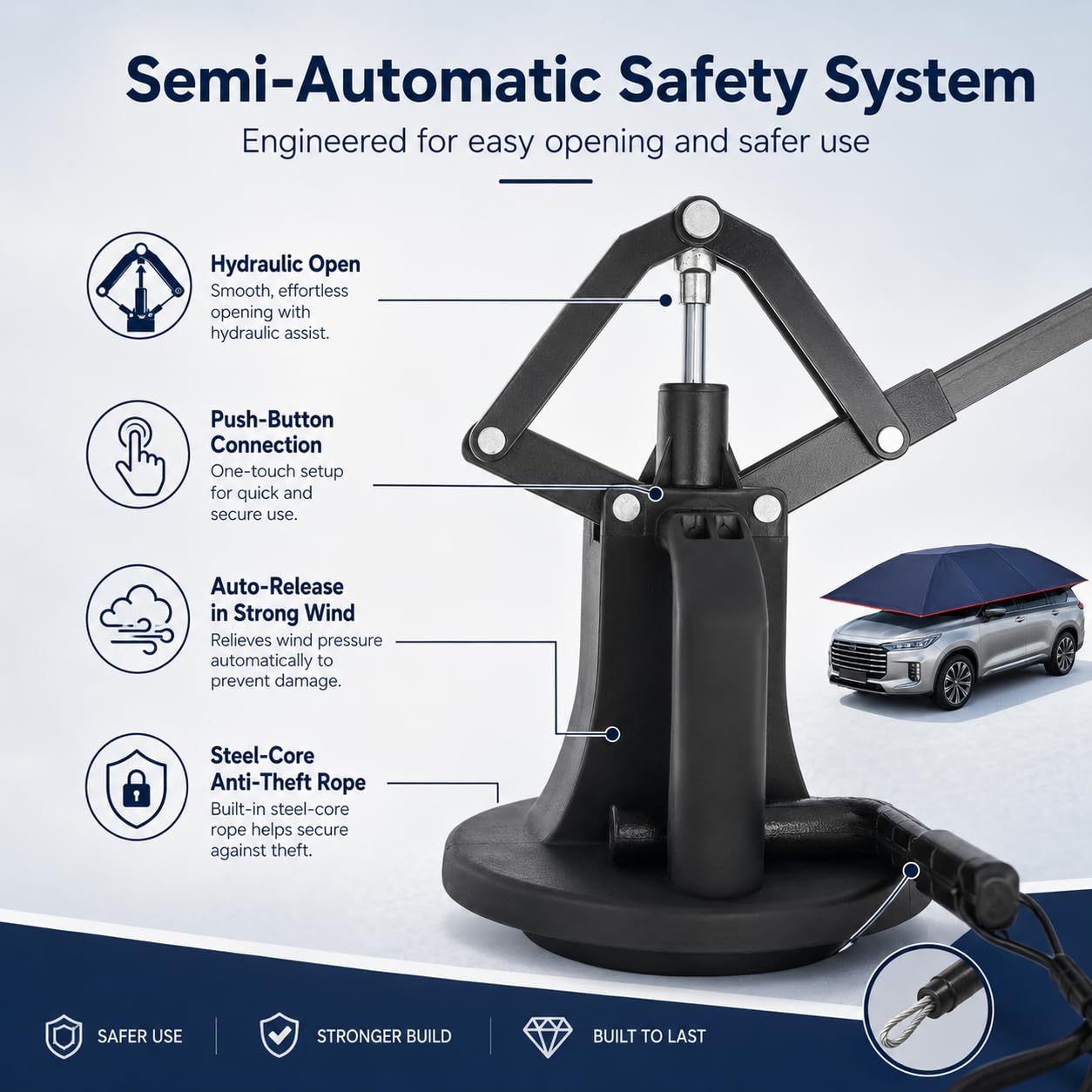 Tente de parasol semi-automatique pour voiture avec UPF 30+, imperméable, universelle, protection solaire, protection contre les intempéries, pour l'extérieur, voyage, portable, pliable