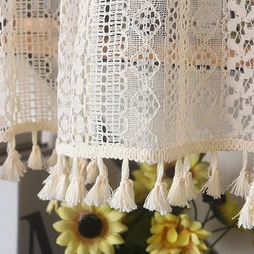 Miniatura 4 de Deeprove Cortina de encaje de 36 pulgadas de largo, cenefa bohemia tejida con bordado geométrico de ganchillo para decoración de cocina, borlas