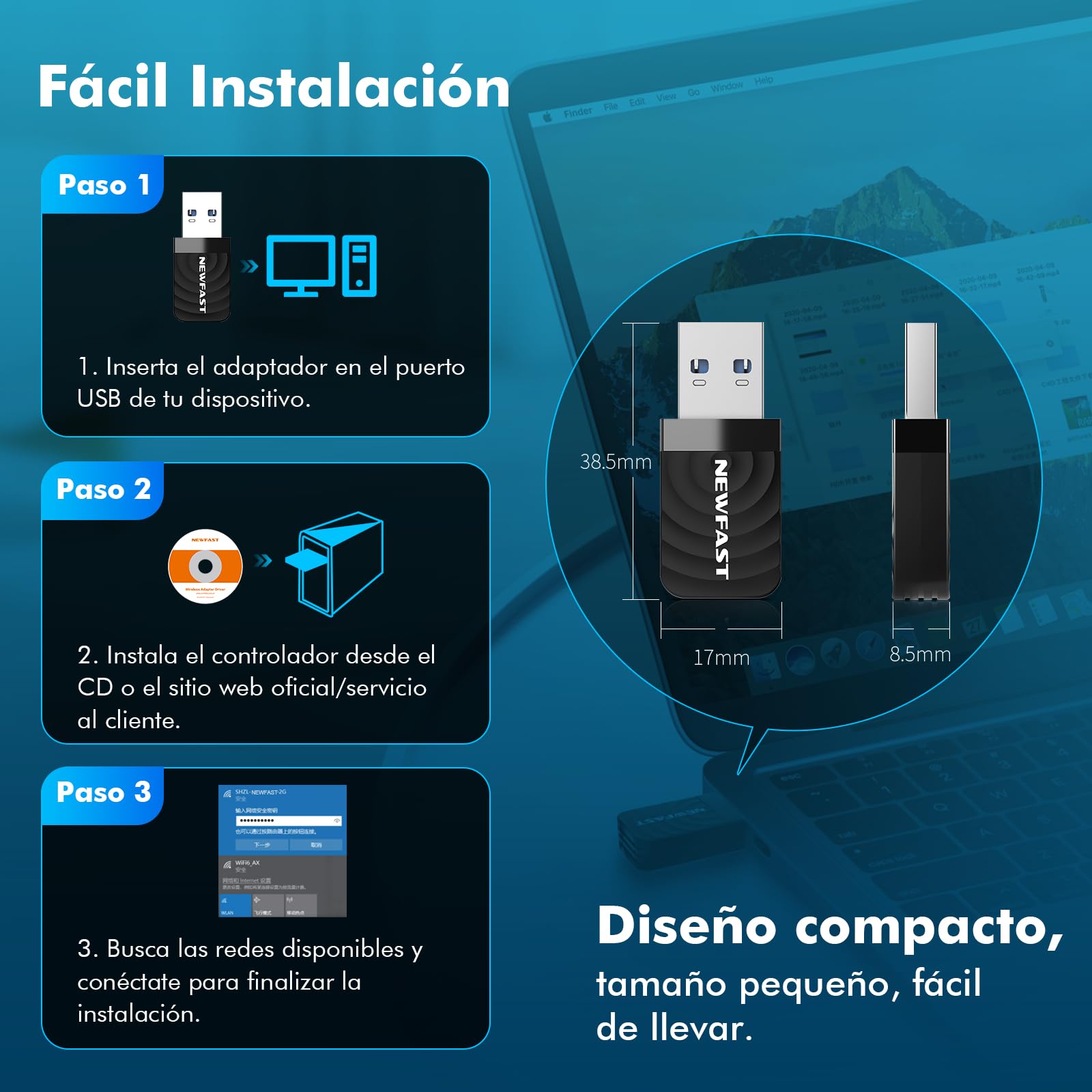 NEWFAST Adaptador WiFi USB para PC 1300Mbps, 5GHz/2,4GHz Receptor WiFi, Dongle Wi-Fi Antena Wi-Fi USB3.0, Compatible Windows 11/10/8/8.1/7,Mac OS 10.9-10.15 — view 7