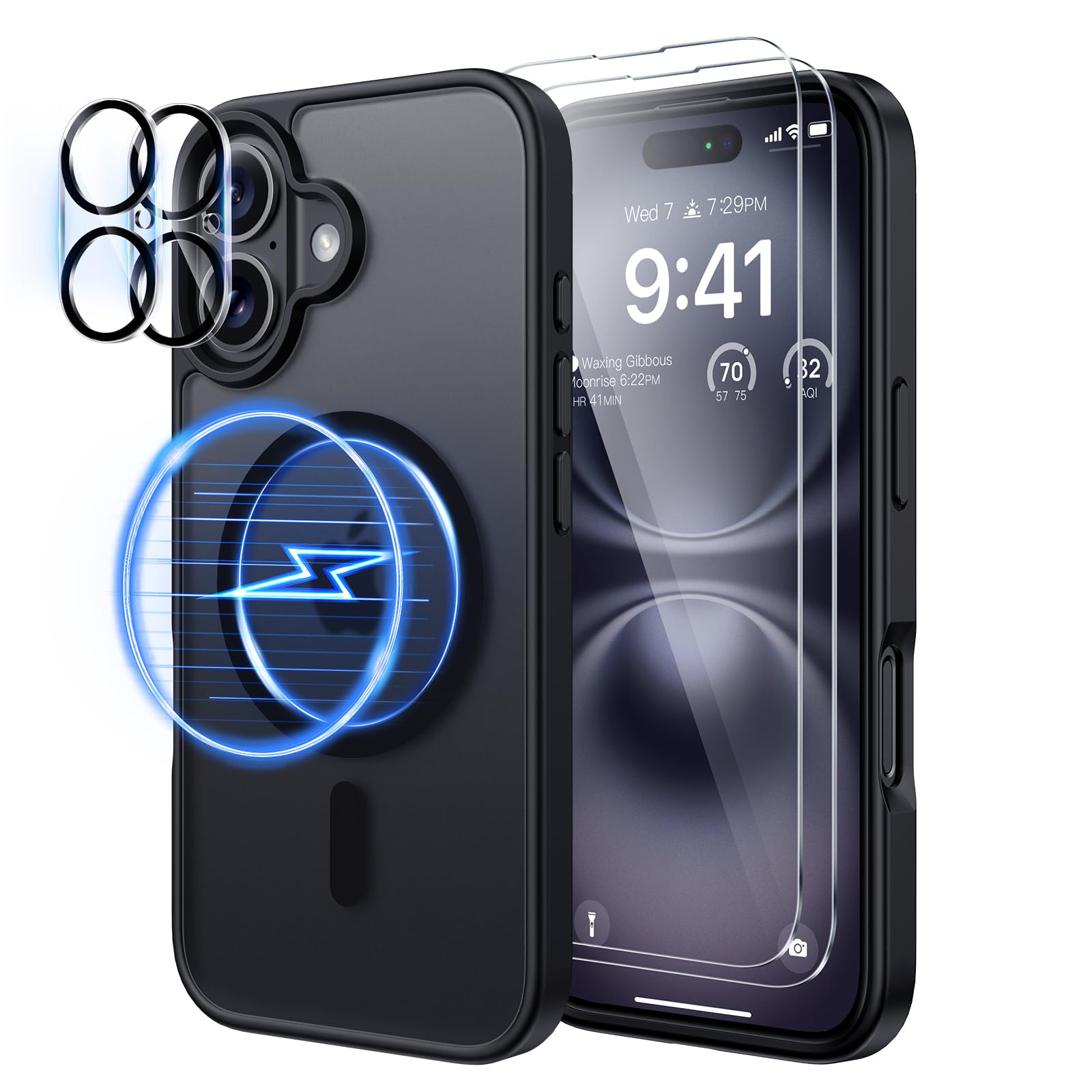 seacosmo 5 in 1 Magnetic for iPhone 16 Case with 2X HD Screen Protector + 2X Camera Lens Protector