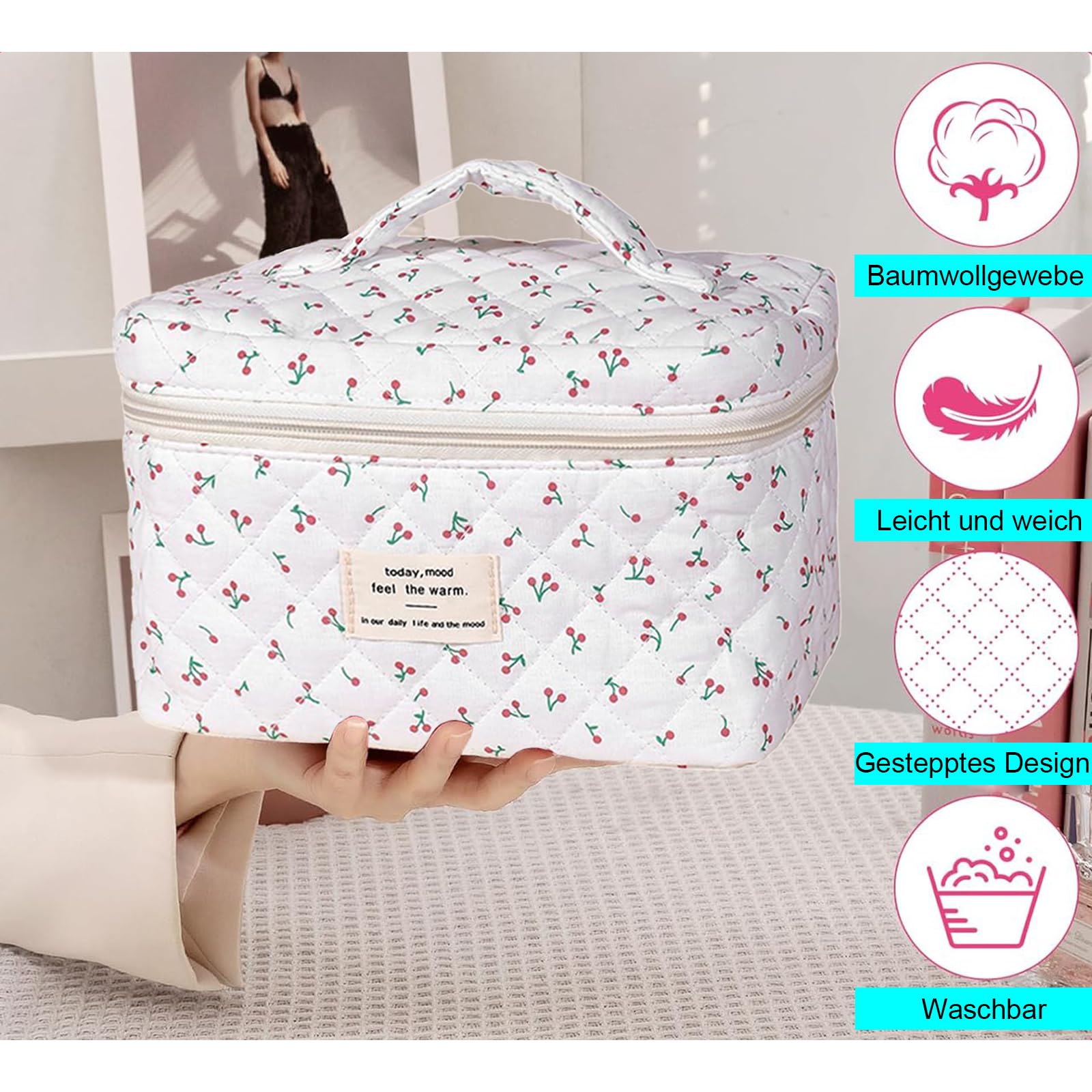Women's Cosmetic Bag Set of 3 Travel Makeup Bag Made of Cotton, Flower Pattern Make-Up Bag, K-03, Fresh and sweet - Image 3