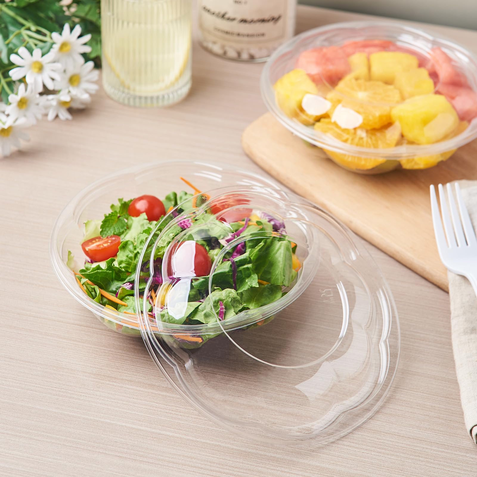 FULING [50 juegos de cuencos de plástico transparente de 18 onzas con tapas herméticas desechables para llevar, recipientes para mezclar para frutas, quinua, almuerzo y preparación de comidas.»