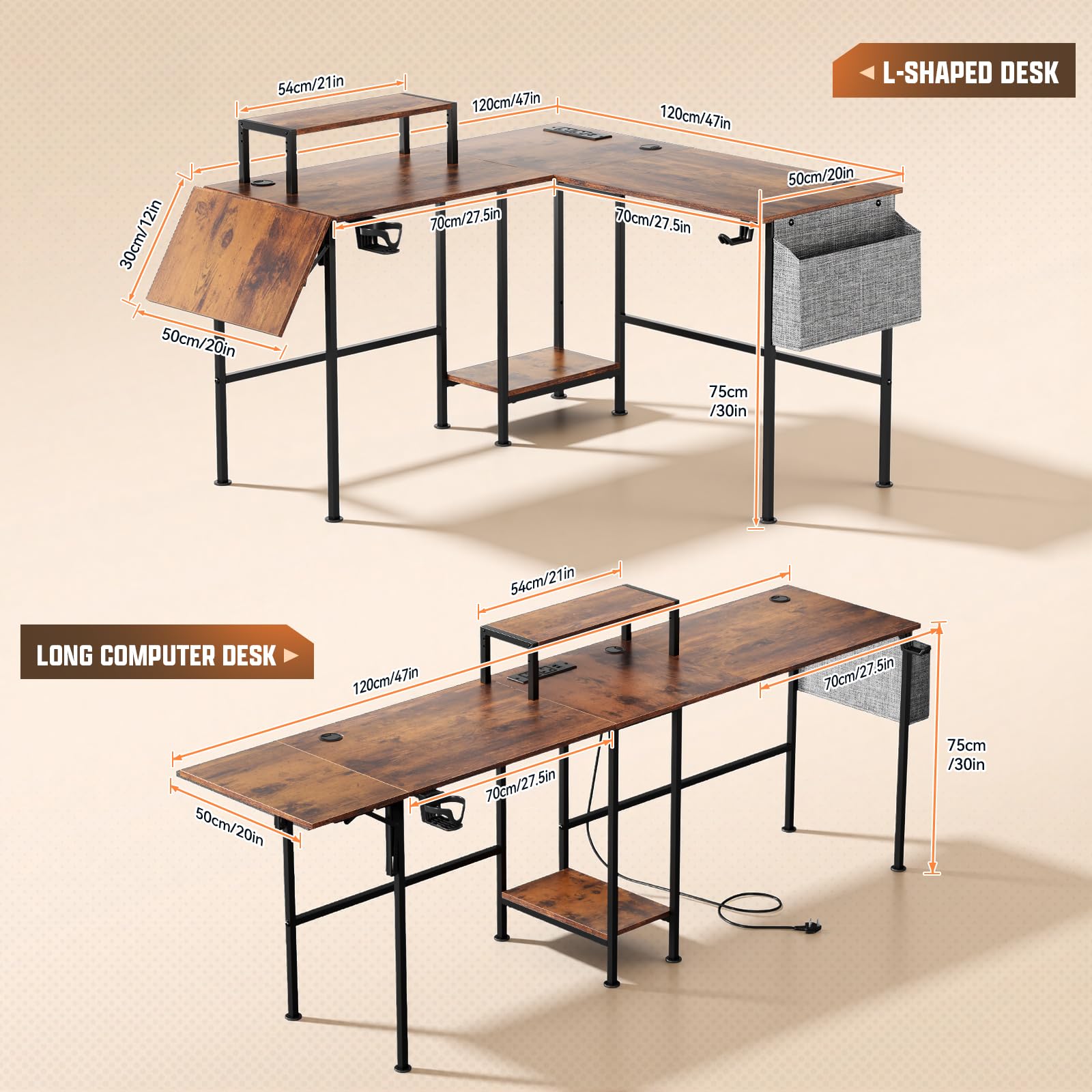 L Shaped Computer Desk with Folding Desk Extender Tray &Power Outlet, Brown, Rustic Brown, (120-220)cm×50cmx74 cm - Image 6