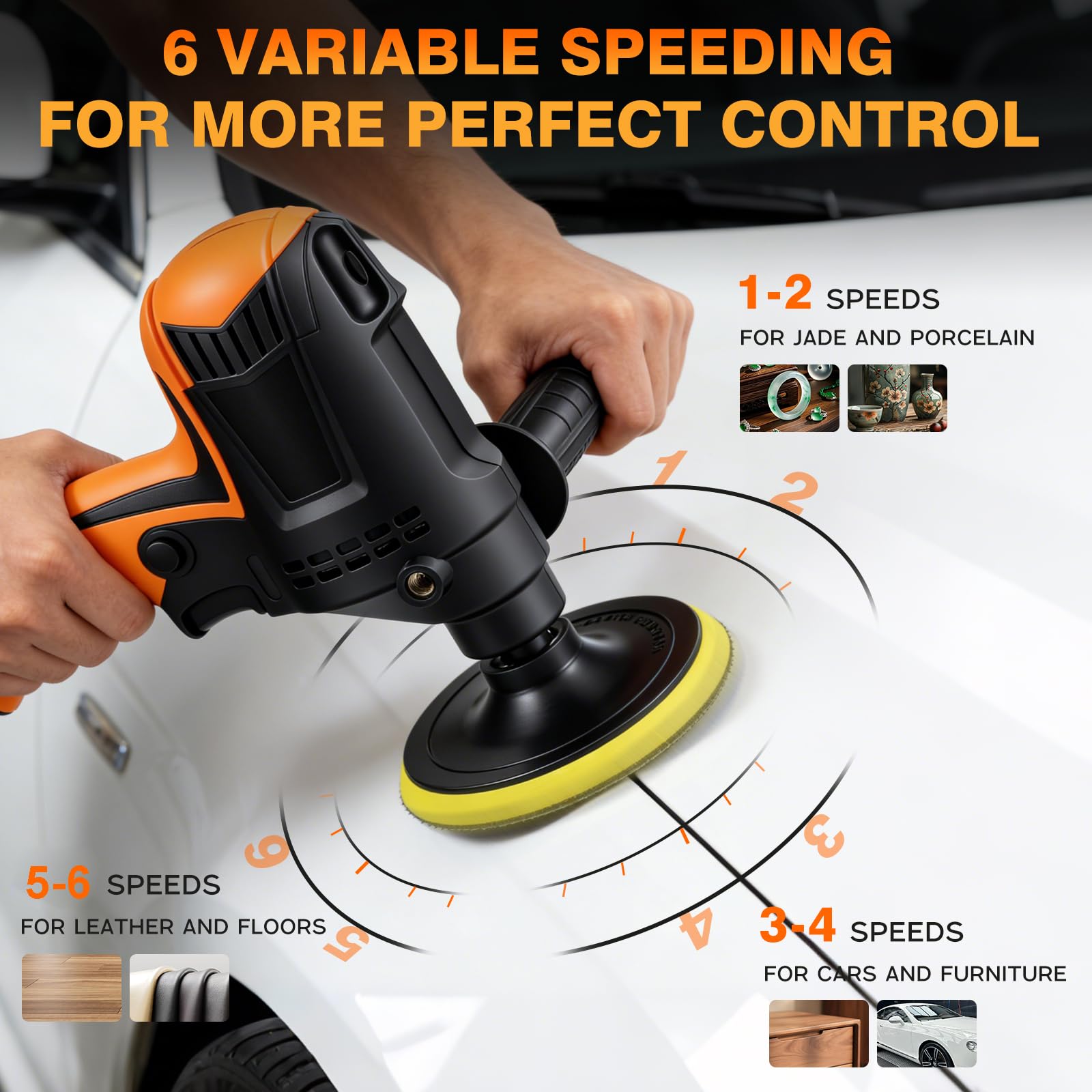 Pulidora Coche, Yaskyly 980W Máquina de Pulir Máquina Pulidora, 6 Velocidades Variables, 850-3200RPM, Mango Lateral, Kit de Esponja de Pulido 125mm, para Coche, Muebles, Motocicletas