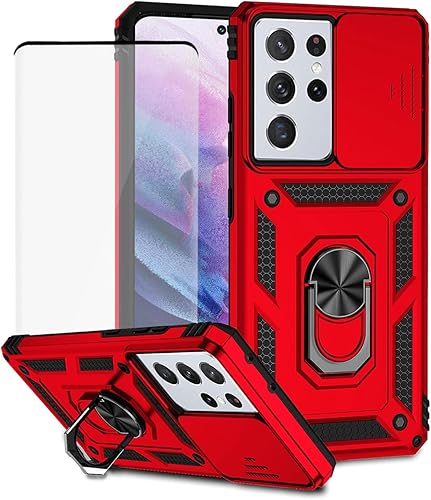 Funda para Galaxy S21 Ultra, Samsung S21 Ultra SM-G998U con protector de pantalla de vidrio templado y cubierta de cámara deslizante, anillo