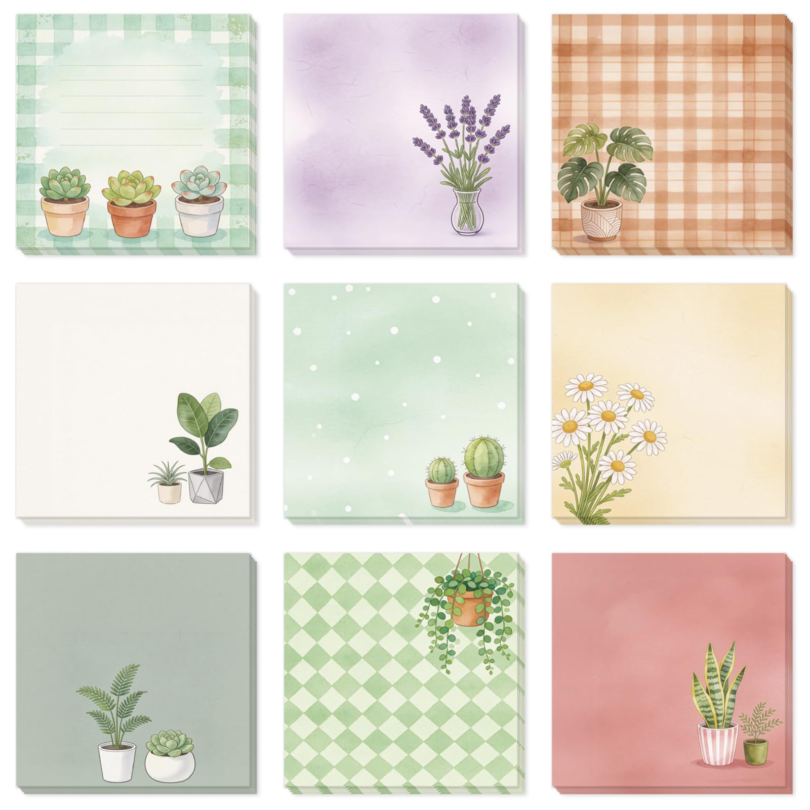 GLOBLELAND 9 Pads 540 Sheets Green Potted Plants Sticky Notes Set 3x3 inch Daisy Lavender Self-Adhesive Memo Pads Post it Notes for Journaling Planners Office Meeting Craft Lovers โ image 1