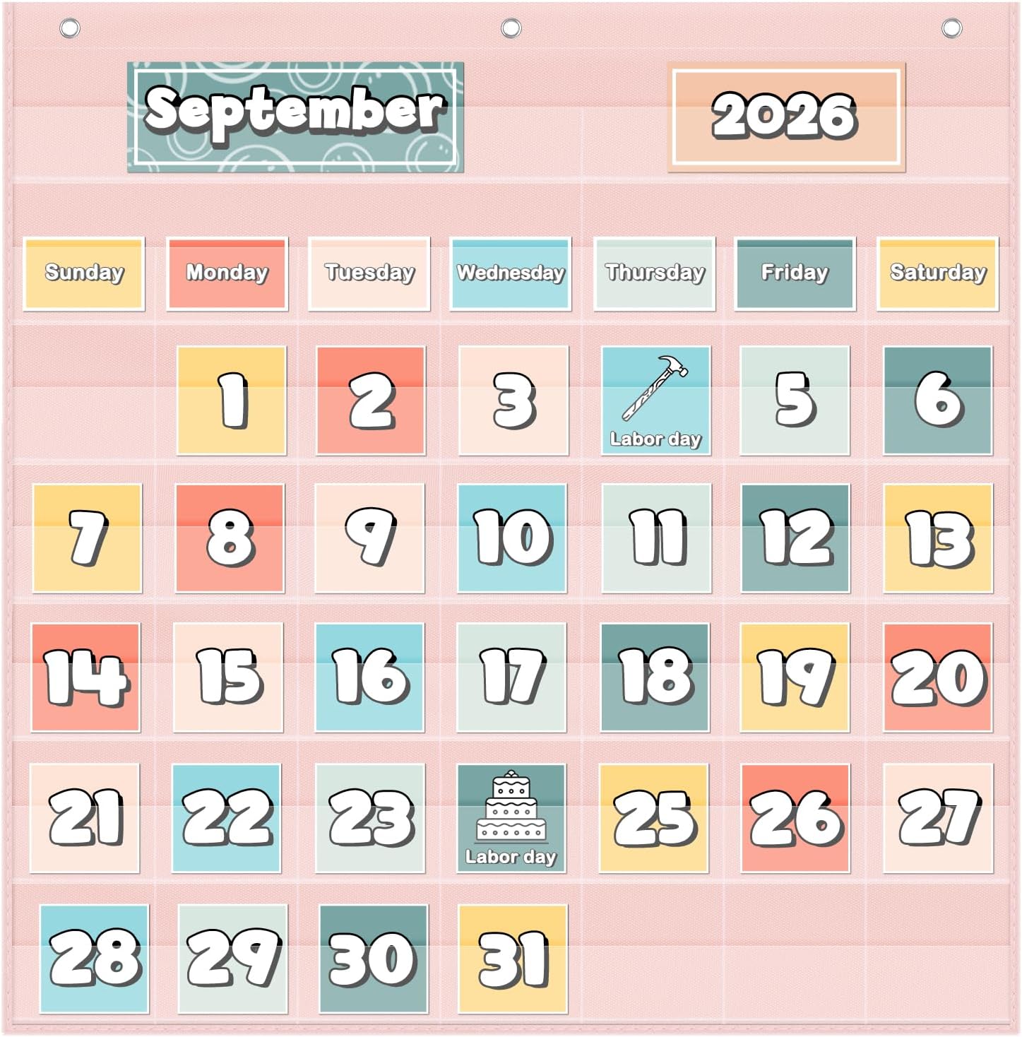 EAMAY Classroom Monthly Calendar Pocket Chart for 2.75 * 2.75 Cards,Homeschool Supplies and Classroom Must Haves! Only Chart(Pink)