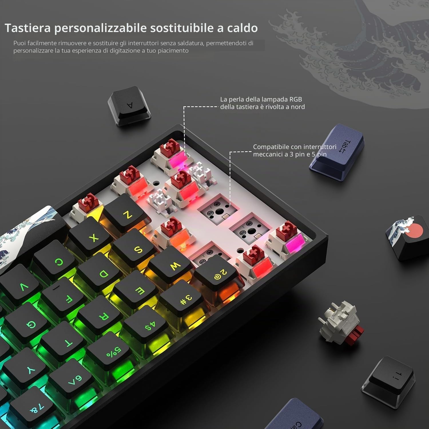 WK61 Tastiera da Gioco Meccanica 60%, Hot Swappable, Tastiera da Gioco Meccanica Cablata RGB con PBT Mare di corallo nero per Giocatori/PC/Win - Interruttore Lineare Rosso