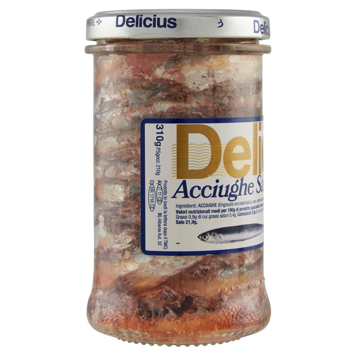Delicius Vaso di Acciughe Salate, 310g (6 pezzi)