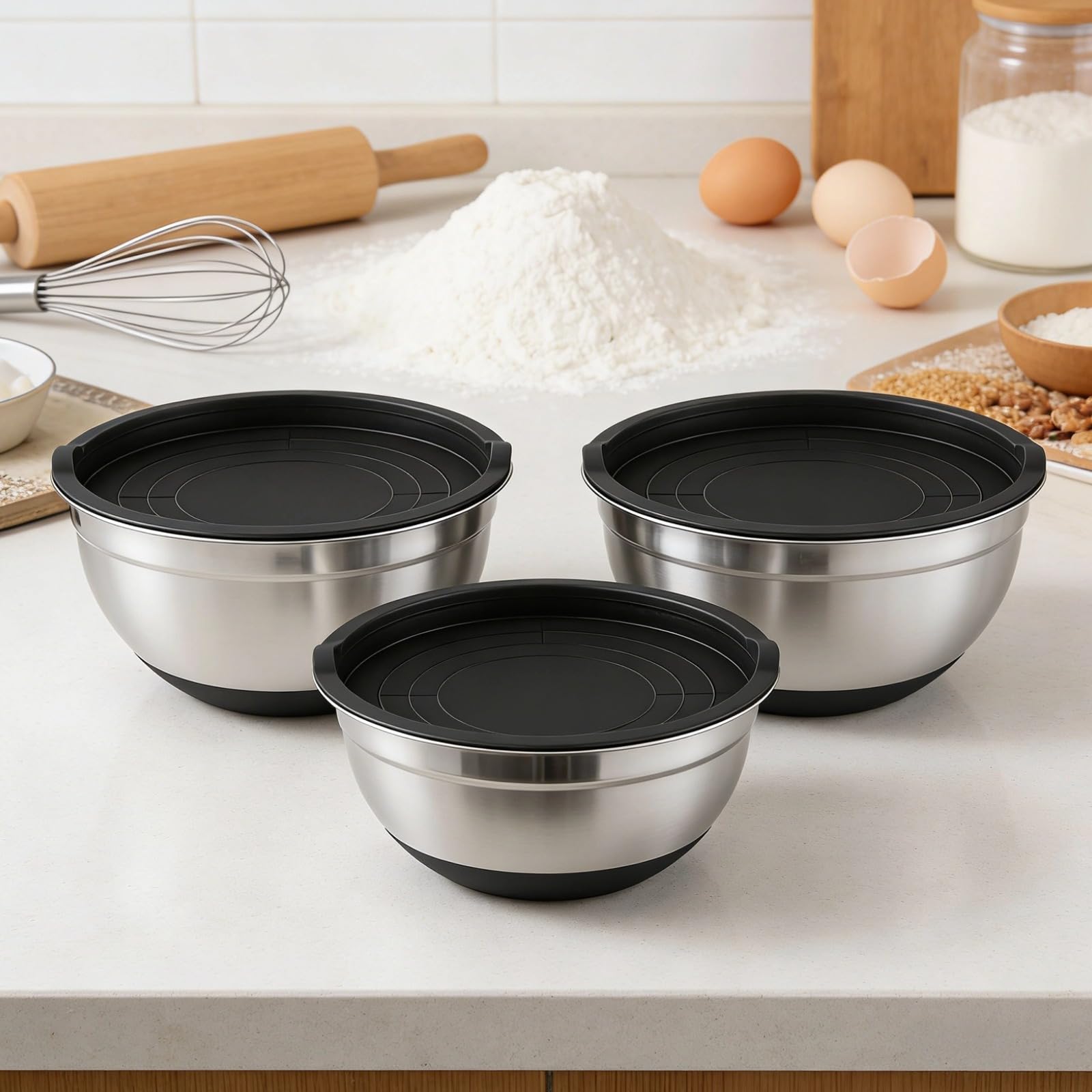 3 Stk. Edelstahl-Mischschüsseln mit schwarzem Silikonboden und Deckeln, stapelbares Salatschüssel-Set, spiegelpoliert, robust, leicht zu reinigen, 16/20/24 cm, für Küche