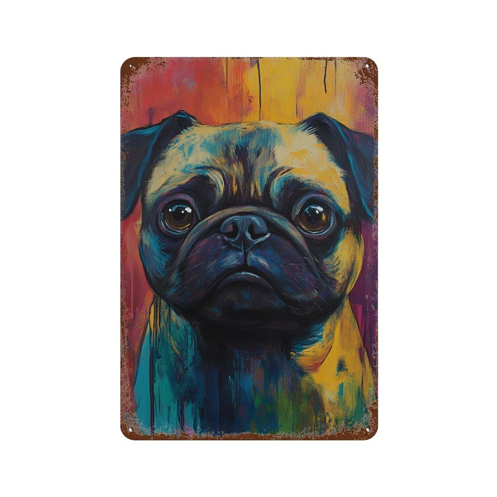 Garage Style Colorful Pug Art Print-1 Distressed Metal Wall Sign 11.8"x7.9", Shabby Chic Decor for Bar And Workshop