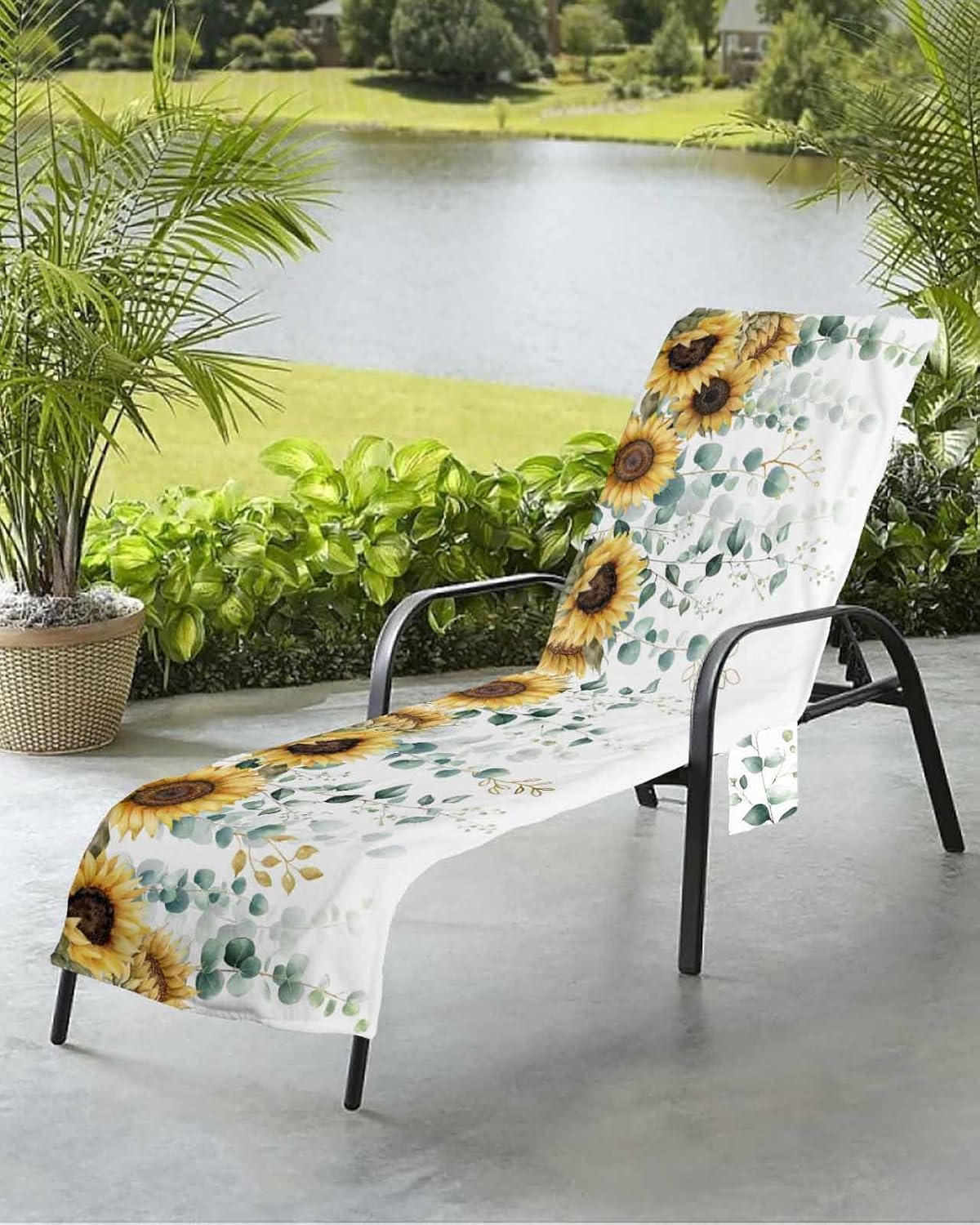 Eucalyptus Leaves Floral Beach Pool Patio Lounge Chaise Chair Cover Towel With Pockets,Absorbent & Quick Dry Microfiber Towel Cover Bag Summer Accessories Watercolor Country Leaf Plant Flowers
