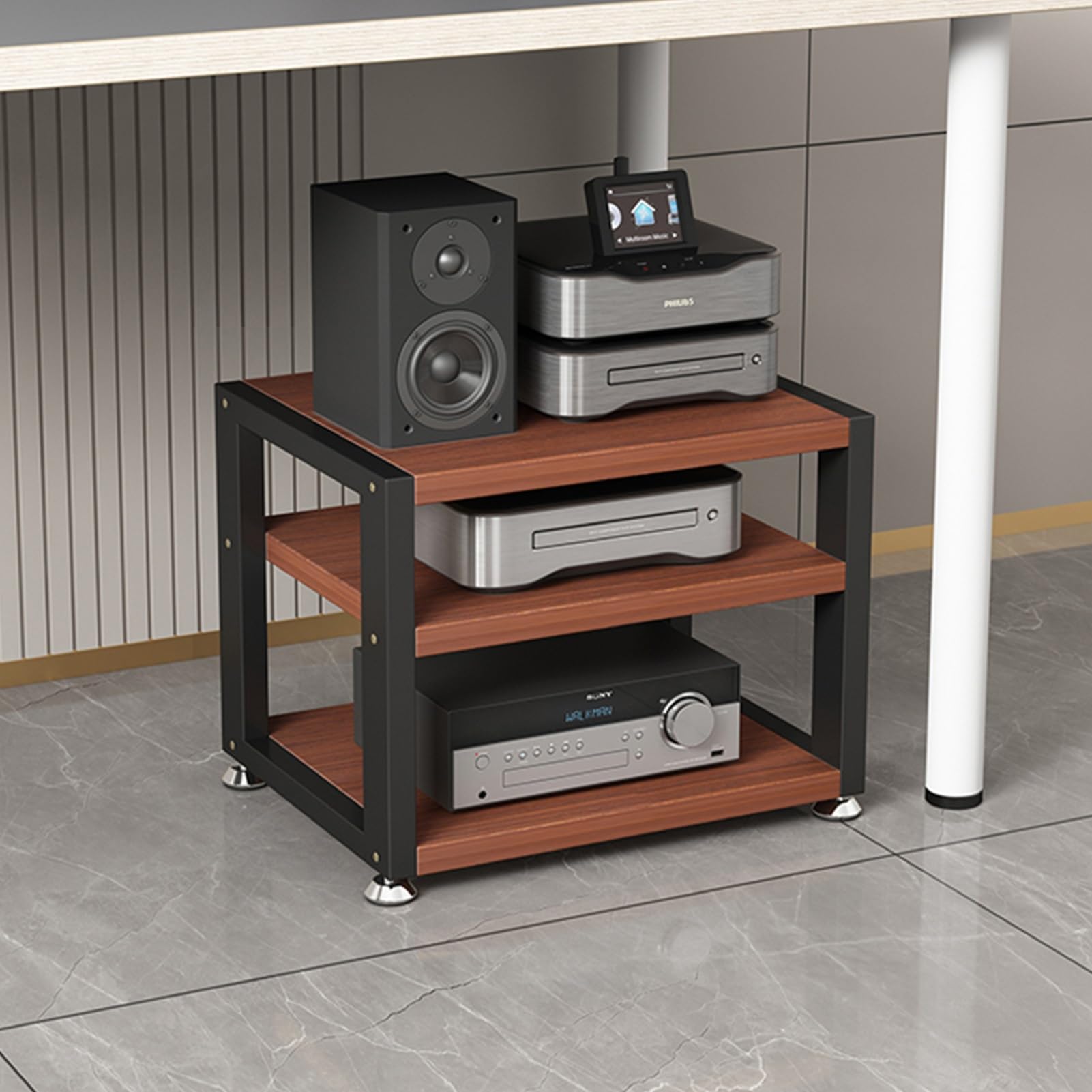 Audio Stand 3-Tier Desktop Stereo Cabinet - Teak Wood & Steel Media ...