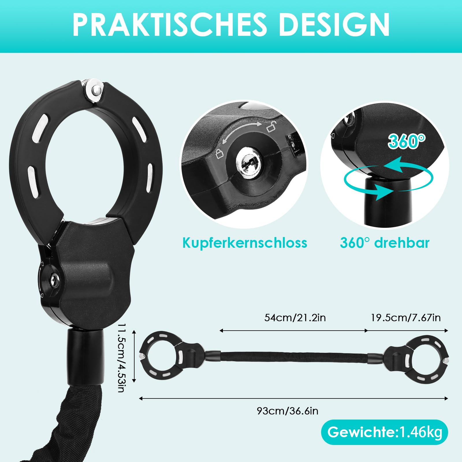 Lucchetto per scooter elettrico con custodia impermeabile da 3 l, lucchetto con chiave per scooter elettrico, con custodia in gomma, 72 cm, serrature ad alta sicurezza, perfetto per scooter