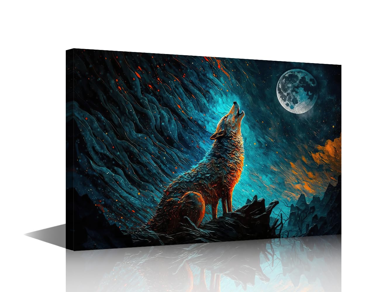 Wolf Wall Art Wolf Howling at Night Prints on Canvas Contemporary Wild Animal Oil Painting Wall Paintings Wall Decoration for Living Room Bedroom Framed 18"x12"