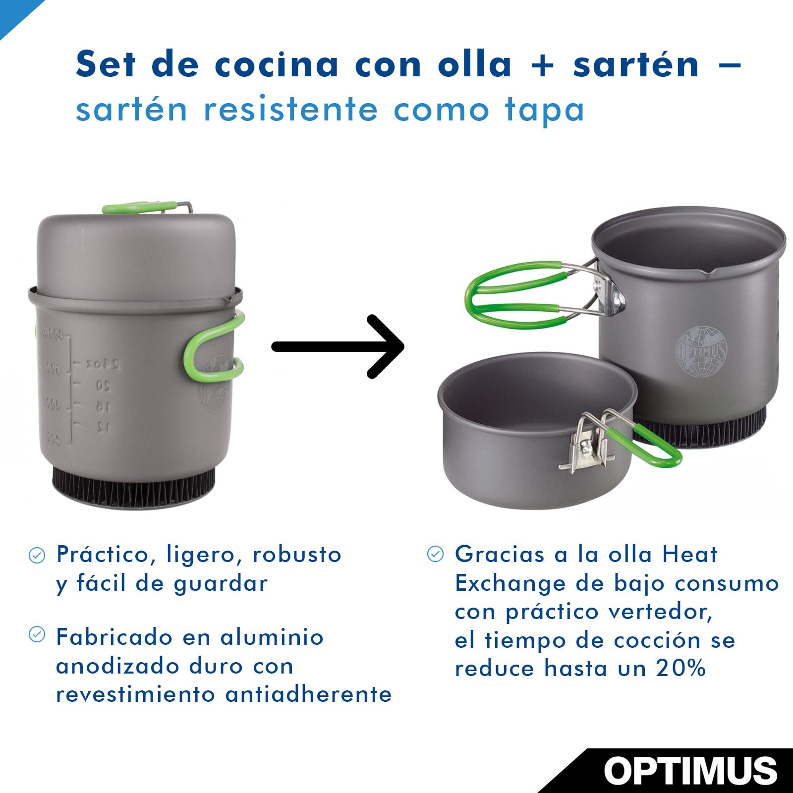 Juego de Cocina Optimus Terra Weekend HE - Olla de 0,95 L con intercambiador de Calor y sartén/Tapa | Utensilios de Cocina ultraligeros para Camping y Trekking | 275 g
